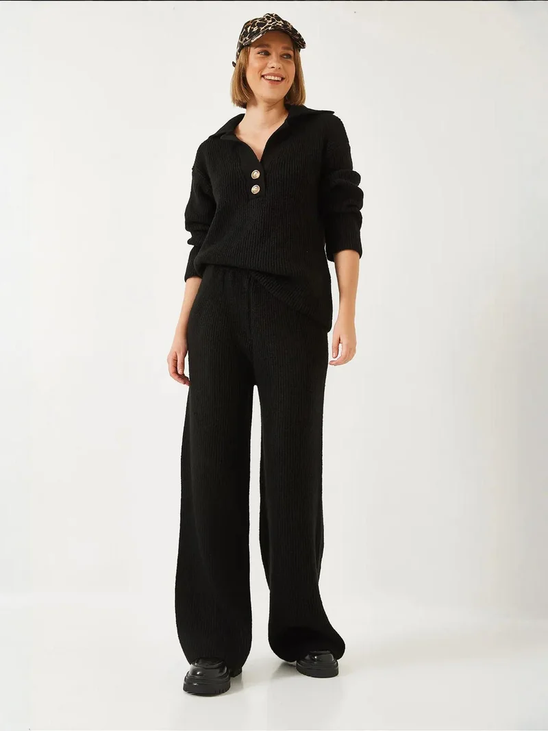 Bianco Lucci Black LUCCI High Waist Wide Leg Two-Piece Coord Set with Shirt Collar for Women | Best Price UAE