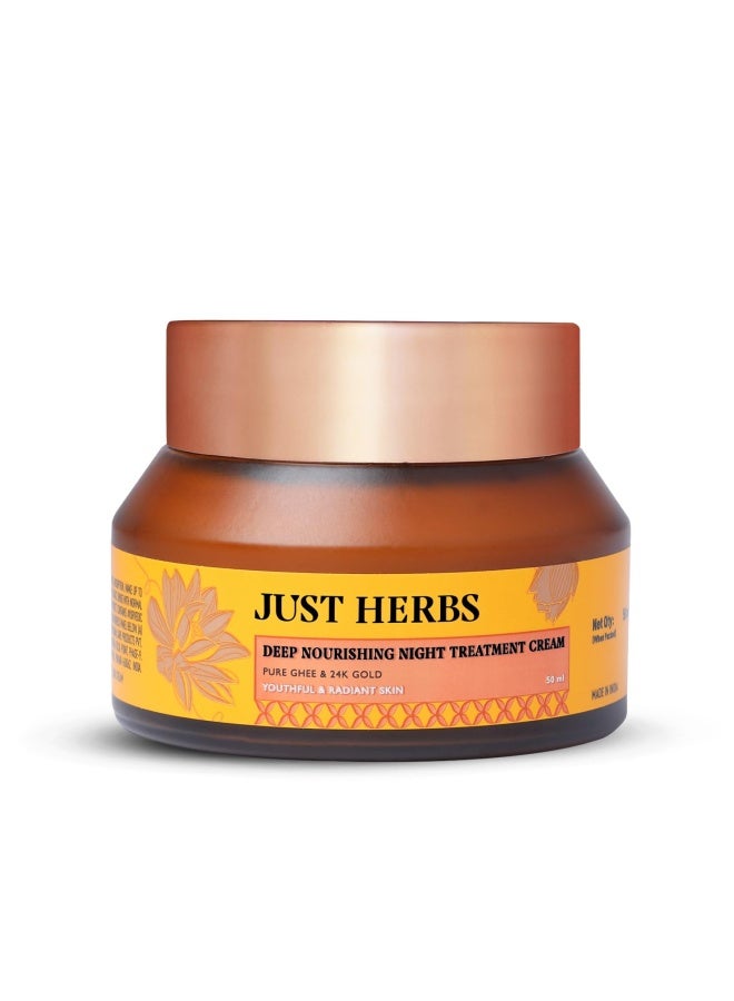 Just Herbs 24K Gold & Pure Ghee Deep Nourish Night Cream | Anti-Aging, Intense Hydration | Improve Skin Elasticity & Radiance | Non-Sticky | For Men & Women | 50ml - Image 1