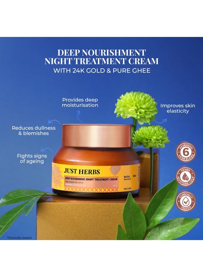 Just Herbs 24K Gold & Pure Ghee Deep Nourish Night Cream | Anti-Aging, Intense Hydration | Improve Skin Elasticity & Radiance | Non-Sticky | For Men & Women | 50ml - Image 3