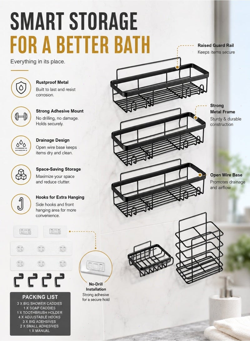 Yoawllty 5-Pack Minimalist Black Shower Caddy, Bathroom Shelf, Bathroom Storage Rack, No Drilling Rustproof Self-Adhesive Shower Shelves - Image 3