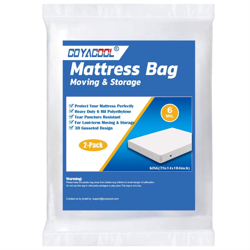COYACOOL COYACOOL King Mattress Bags for Moving Storage 2 Pack  6 Mil Heavy Duty Tear and Puncture Resistant Plastic Mattress Protector Bag for Disposal  Super Thick Mattress Cover for Moving 
