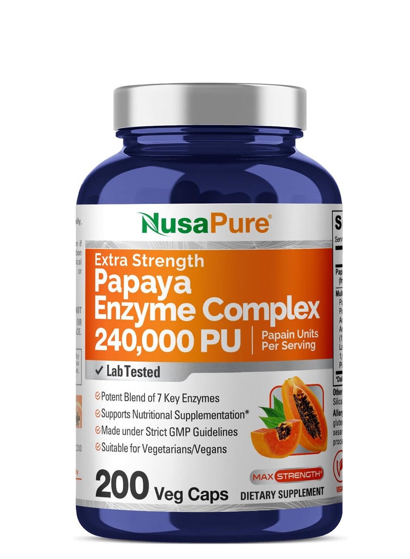 NusaPure Papaya Papain Enzyme Complex 240,000 PU - 200 Veggie Caps - 100% Vegetarian, Non-GMO - Image 1