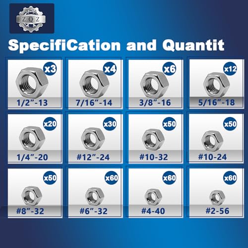 ZQZ 405 Pcs SAE Hex Nuts Assortment Kit, #2-56#4-40#6-32#8-32#10-24#10-32#12-24 1/4"-20 5/16"-18 3/8"-16 7/16"-14 1/2"-13, 304 Stainless Steel Hex Nuts Set - Image 2