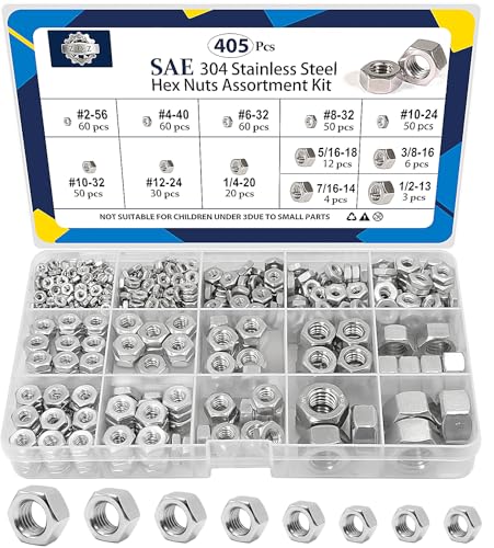 ZQZ 405 Pcs SAE Hex Nuts Assortment Kit, #2-56#4-40#6-32#8-32#10-24#10-32#12-24 1/4"-20 5/16"-18 3/8"-16 7/16"-14 1/2"-13, 304 Stainless Steel Hex Nuts Set - Image 1