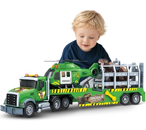 spring flower SpringFlower Carrier Dino Truck Kids Toys 24 Semi Truck Toy with Helicopter Dino Toy with Lights Sounds Vehicle Toy for Toddlers 3 4 5 6 7 Birthday Gifts for Kids - Image 1