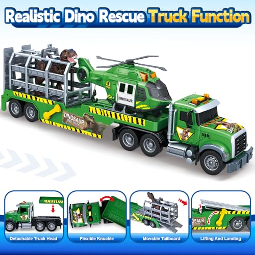 spring flower SpringFlower Carrier Dino Truck Kids Toys 24 Semi Truck Toy with Helicopter Dino Toy with Lights Sounds Vehicle Toy for Toddlers 3 4 5 6 7 Birthday Gifts for Kids - Image 3