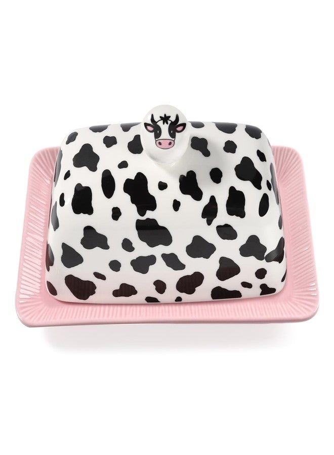 LONTCS Cow Butter Dish with Lid for Countertop - Cute Funny Ceramic Cover Pink Kitchen Decor, Vintage Large Farmhouse Kitchen Accessories - Image 1