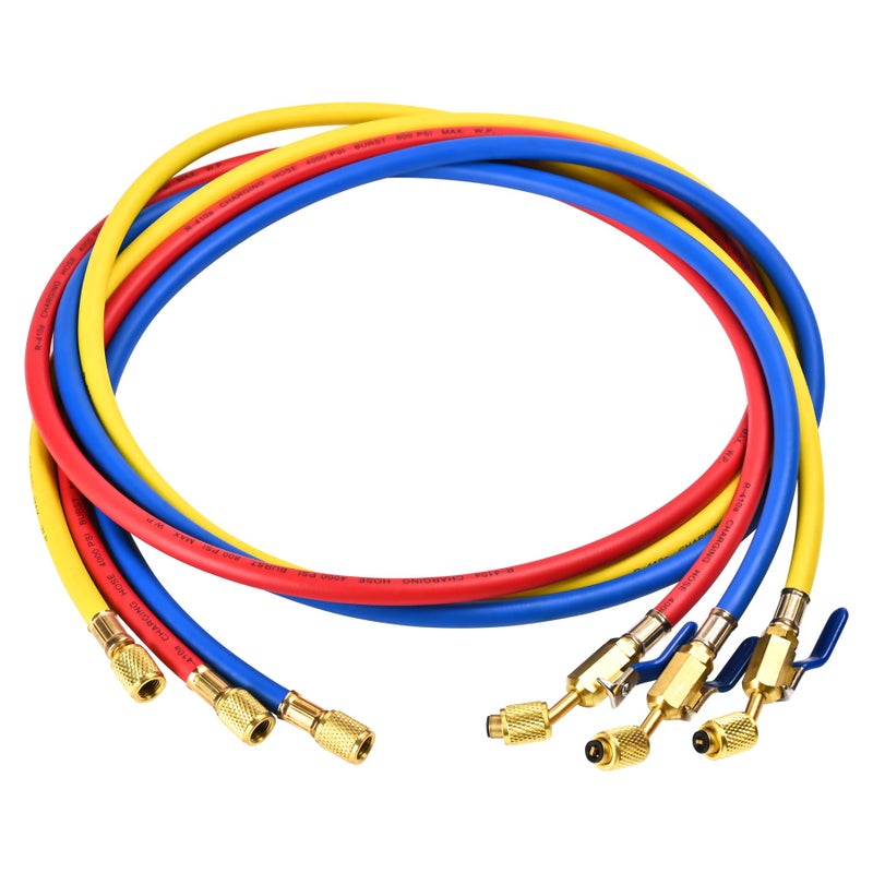 KlenzMate 2026 Upgrade 29986 Plus II 14 HVAC Hose with Compact Ball Valve Refrigerant Hose with Standard 14 Flare Fittings 800 PSI Working Pressure for Common Refrigerants 72 YellowRedBlue 3Pack - Image 2