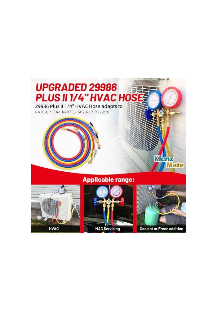 KlenzMate 2026 Upgrade 29986 Plus II 14 HVAC Hose with Compact Ball Valve Refrigerant Hose with Standard 14 Flare Fittings 800 PSI Working Pressure for Common Refrigerants 72 YellowRedBlue 3Pack - Image 3
