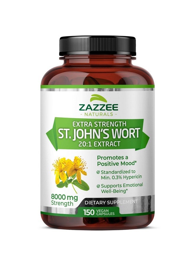 Zazzee Extra Strength St. John’s Wort 20:1 Extract, 8000 mg Strength, 0.3% Hypericin, 150 Vegan Capsules, 5 Month Supply, Concentrated, Standardized 20X Extract, 100% Vegetarian, Non-GMO, All-Natural - Image 1