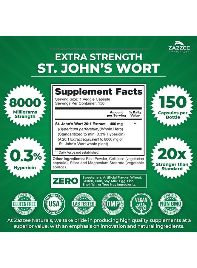 Zazzee Extra Strength St. John’s Wort 20:1 Extract, 8000 mg Strength, 0.3% Hypericin, 150 Vegan Capsules, 5 Month Supply, Concentrated, Standardized 20X Extract, 100% Vegetarian, Non-GMO, All-Natural - Image 2