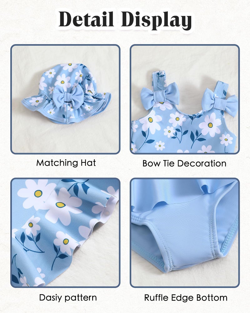 Mioglrie Baby Girl Swimsuit 6-9 9-12 Months Baby Bathing Suit Girl Blue Dasiy Bikini Summer Beach Swimwear Infant Tankini Hat Set 6-12 Months - Image 4