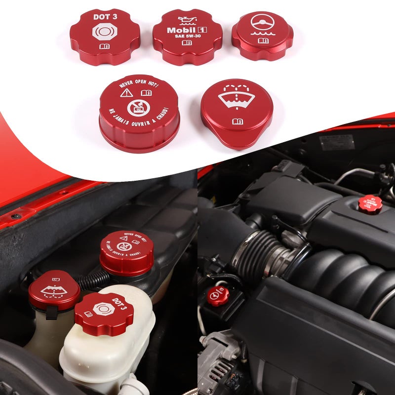 Lcojicep Engine Oil Cap Radiator Cap Washer Cap Brake Fluid Cap Cover Trim Compatible with Chevrolet Corvette C6 20052013luminium Alloy Engine Cap Cover SetWindshield filler cap 5PCS red