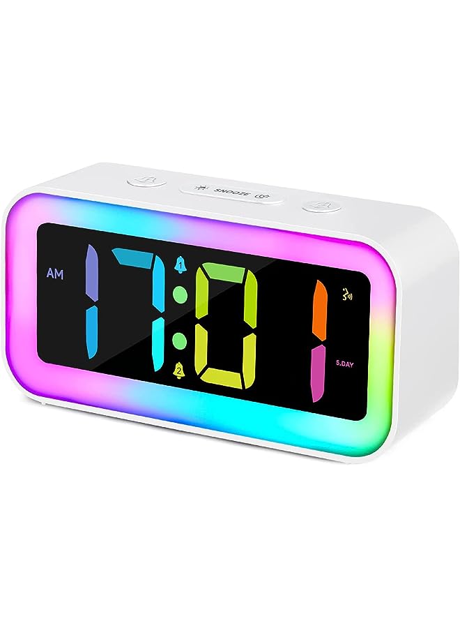 Raxoom Loud Alarm Clock for Bedrooms with Colorful Dynamic RGB Night Light,Heavy Sleepers Adults,Dual Alarm,Dimmer,USB Charger,Small Bedside Led Digital Clocks for Kids,Teens,Boys,Girls(White) - Image 1