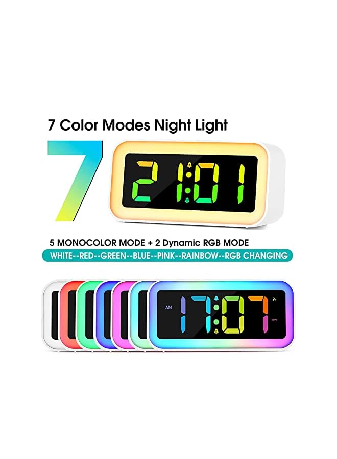 Raxoom Loud Alarm Clock for Bedrooms with Colorful Dynamic RGB Night Light,Heavy Sleepers Adults,Dual Alarm,Dimmer,USB Charger,Small Bedside Led Digital Clocks for Kids,Teens,Boys,Girls(White) - Image 3