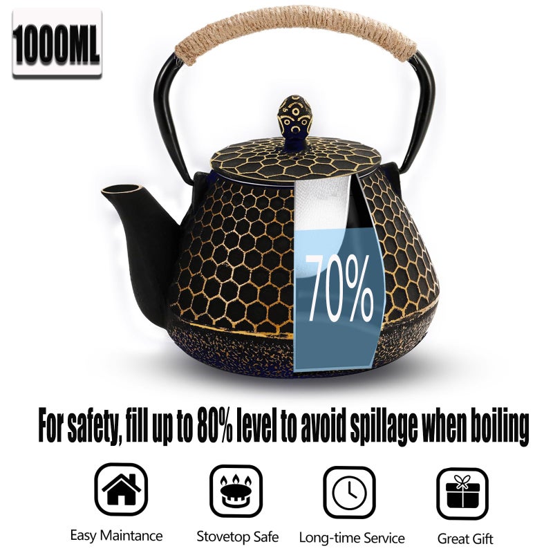 Dachenus Cast Iron Tea Pot - Honeycomb Pattern Tea Kettle with Tea Leaf Infuser,Stovetop Tea Kettle Coated with Enameled Interior,Suitable for Brewing Loose Leaf Tea (Gold) - Image 3