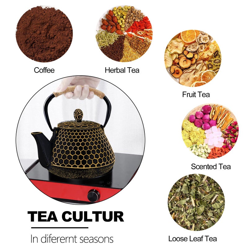 Dachenus Cast Iron Tea Pot - Honeycomb Pattern Tea Kettle with Tea Leaf Infuser,Stovetop Tea Kettle Coated with Enameled Interior,Suitable for Brewing Loose Leaf Tea (Gold) - Image 2