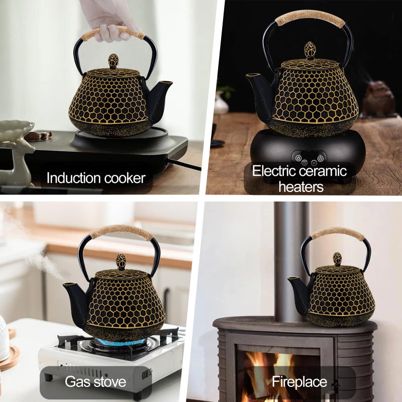 Dachenus Cast Iron Tea Pot - Honeycomb Pattern Tea Kettle with Tea Leaf Infuser,Stovetop Tea Kettle Coated with Enameled Interior,Suitable for Brewing Loose Leaf Tea (Gold) - Image 5