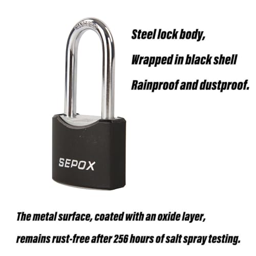 SEPOX® 1-9/16" All-Weather Outdoor Padlocks Keyed Alike, 1-3/4" Long Shackle, Solid Steel Lock, Heavy-Duty with Black Cover, Design for Gate Fence Cabinet Toolbox School Gym Locker with 2pcs Same Key - Image 2