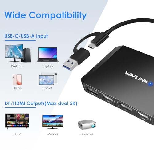 WAVLINK USB C and USB 3.0 to Dual 4K DisplayPort/HDMI Adapter, Displaylink Monitor Splitter Extended Display for Dual Monitor 4K@60Hz, HDMI/DP Splitter Compatible with Mac M1-M4,Window Laptop-Black - Image 5
