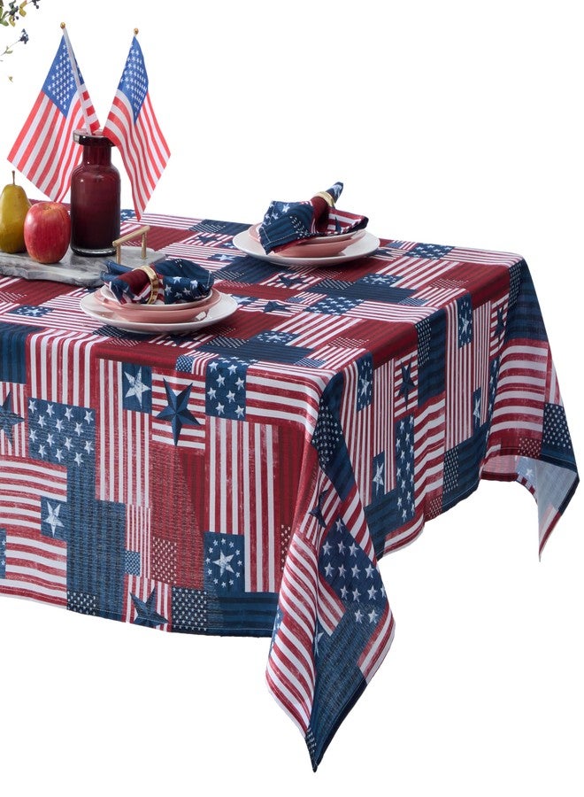 Newbridge Blue and Red Patriotic Flag 60 x 120 Inch Rectangle Fabric Tablecloth, American Flag Patchwork, Indoor Outdoor Stain and Water Resistant Fabric Table Cover - Image 1