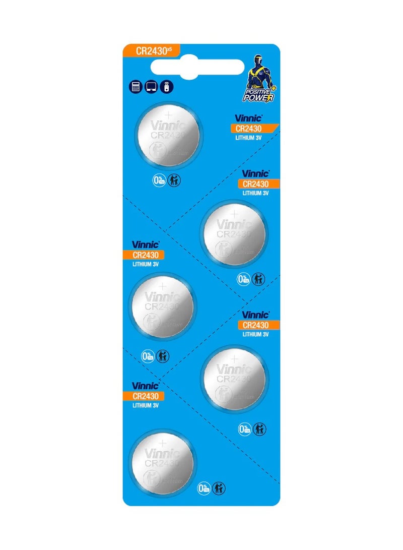 5-Pieces Vinnic CR2430 Lithium 3V Positive Power 0%Hg Batteries