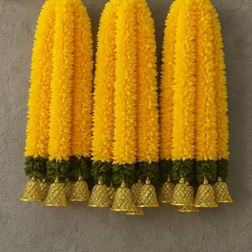 RR Crafts 5 Pcs Bell Yellow Gajra Hangings Decoration for Home | Artificial Mogra Garlands 2.5ft Each | Mandir Pooja Room Ganpati Lakshmi Varalakshmi Diwali Door Wall Decor Backdrop Festival Decorat - Image 1
