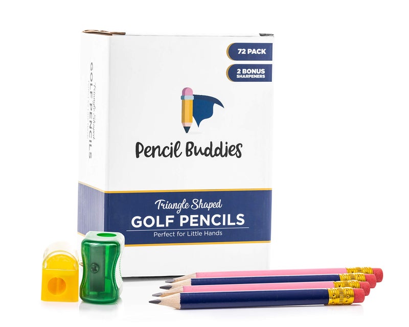 Pencil Buddies Short Triangle Golf Pencils with Erasers, 72 Pack, Small Grip for Preschool, School and Kindergarten Students, Kidâ€™s Writing and Drawing School Supplies, 2 Sharpeners - Image 1