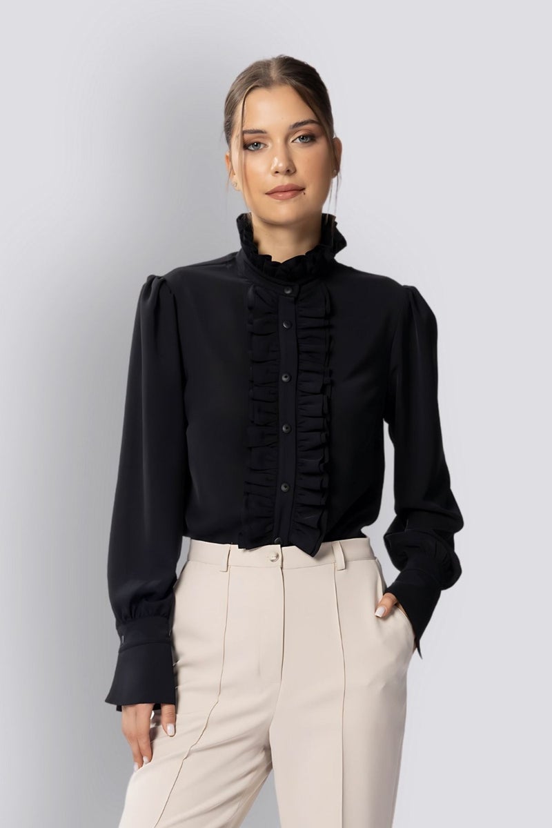 HOX'S Juliet | Designer Shirt, Judge Collar, Cuffed, Long Sleeves, Ruffled Collar and Placket - Black  - Image 1