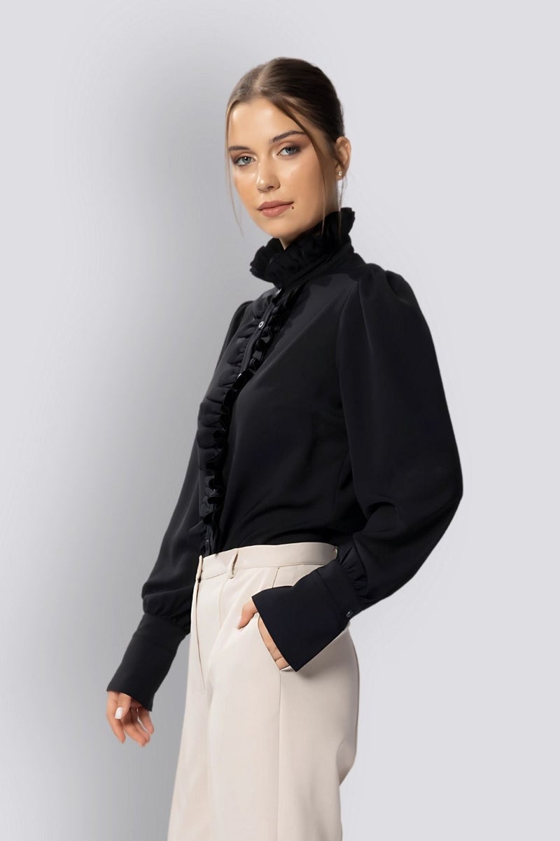 HOX'S Juliet | Designer Shirt, Judge Collar, Cuffed, Long Sleeves, Ruffled Collar and Placket - Black  - Image 4