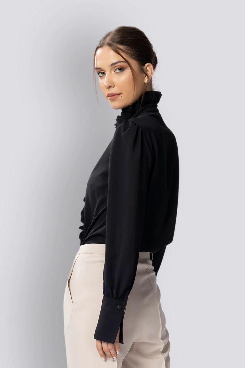 HOX'S Juliet | Designer Shirt, Judge Collar, Cuffed, Long Sleeves, Ruffled Collar and Placket - Black  - Image 5