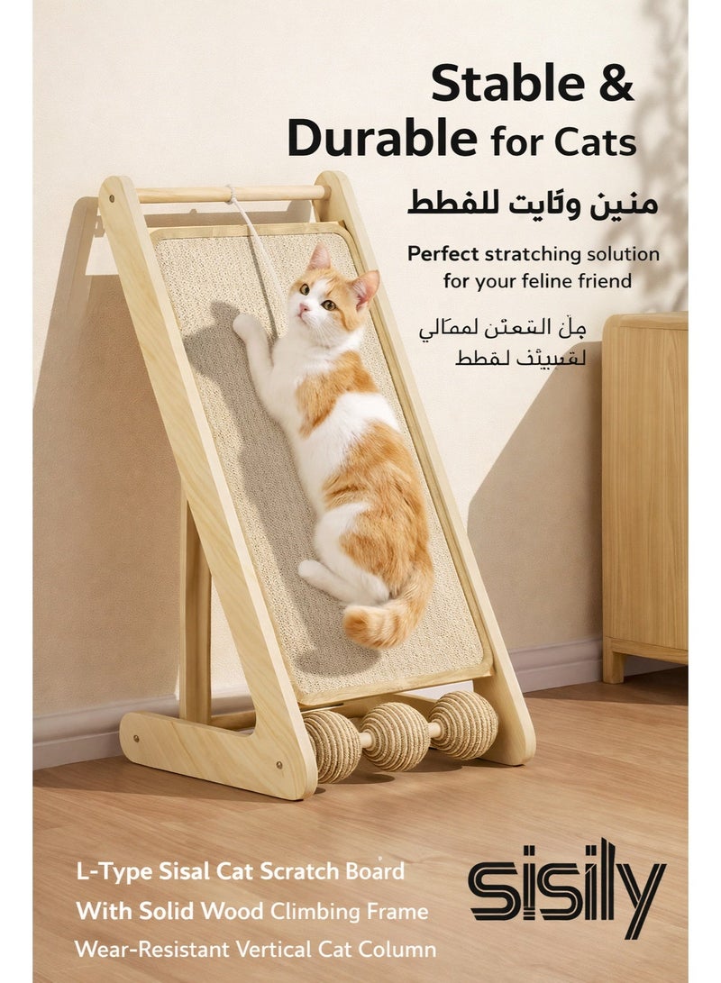 سيسلي لوح خدش للقطط من السيزال على  شكل حرف L مع إطار تسلق من الخشب الصلب وعمود رأسي مقاوم للتآكل وأشجار قطط وحبل خدش وكرة - Image 1