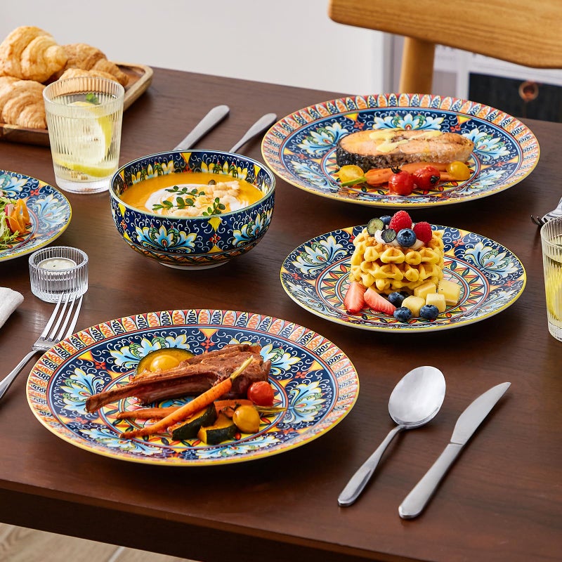 vancasso 12 Pieces Dinnerware Sets, Yellow Plates and Bowls Set, Porcelain Dishes Set for 4, Microwave and Dishwasher Safe, Scratch Resistant, Bohemian Style Dining Ware Service for 4, Series SIMI - Image 5