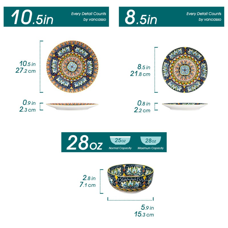 vancasso 12 Pieces Dinnerware Sets, Yellow Plates and Bowls Set, Porcelain Dishes Set for 4, Microwave and Dishwasher Safe, Scratch Resistant, Bohemian Style Dining Ware Service for 4, Series SIMI - Image 2