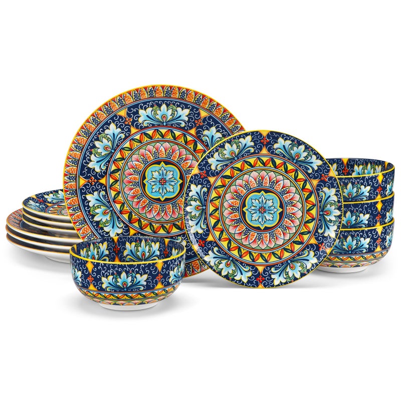 vancasso 12 Pieces Dinnerware Sets, Yellow Plates and Bowls Set, Porcelain Dishes Set for 4, Microwave and Dishwasher Safe, Scratch Resistant, Bohemian Style Dining Ware Service for 4, Series SIMI - Image 1