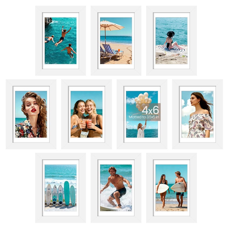 upsimples 4x6 Picture Frame Set of 10 Display Pictures 35x5 with Mat or 4x6 Without Multi Photo Frames Collage for Wall or Tabletop Display White