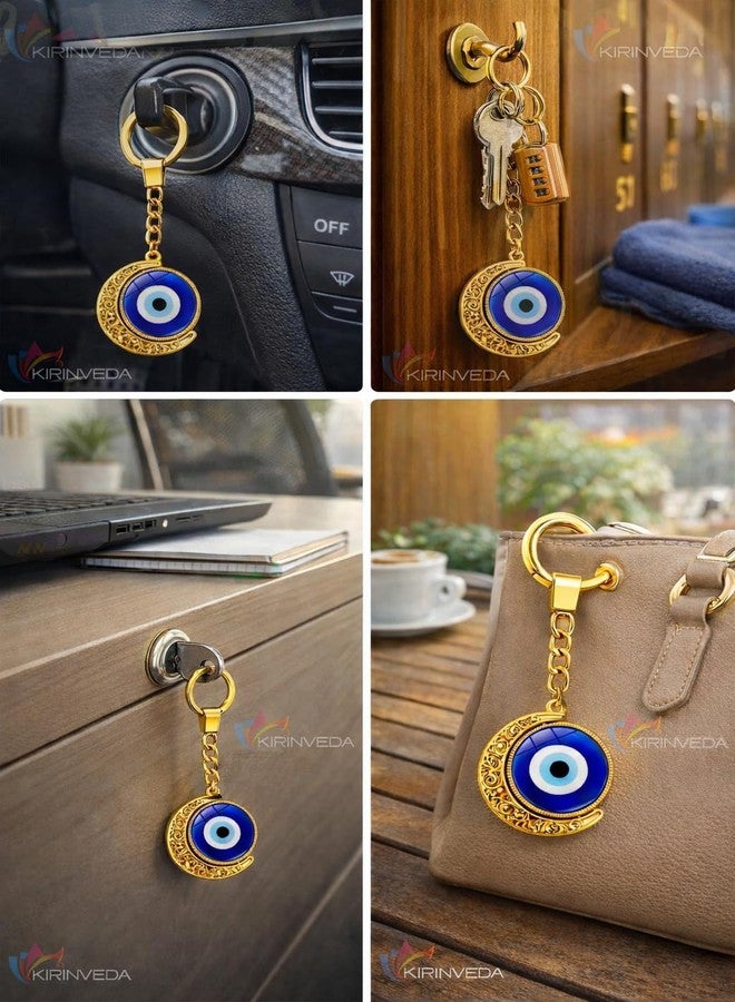 KIRINVEDA Rotating Evil Eye Keychain | Gold Crescent Moon Design with Blue Turkish Eye | Protective Charm for Car Keys, Home Keys & Bag Accessory - Image 5