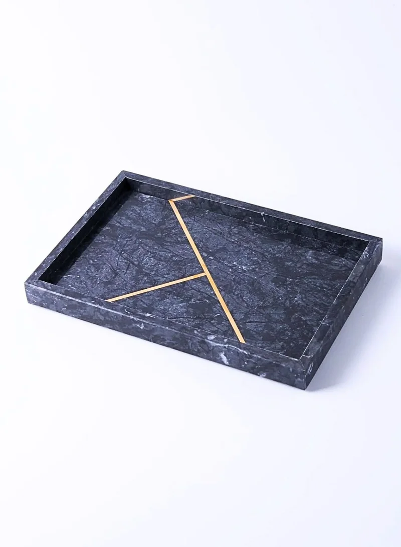 1Chase Black Marble Decorative Tray with Gold Pattern – Rectangular Vanity Tray for Jewellery, Makeup & Coffee Table