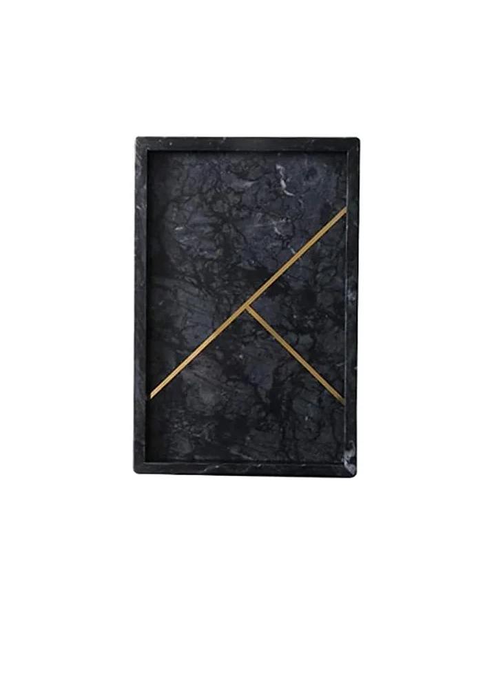 1Chase 1CHASE Rectangular Marble Stone Tray with gold pattern, Decorative Tray for Counter, Cosmetics Jewellery Tray, Kitchen Organizer, Coffee Table Tray,Dresser organizer, Trinket Tray (Black)