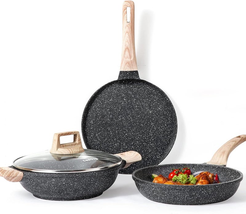 CAROTE Non Stick Set Combo, Nonstick Cookware Set, Induction&Gas Pan Set, Kitchen Set for Home, Cooking Set of 3 (24CM/1.6L Granite Frying Pan+28CM Dosa Tawa+28CM/3.8L Kadai) - Image 1