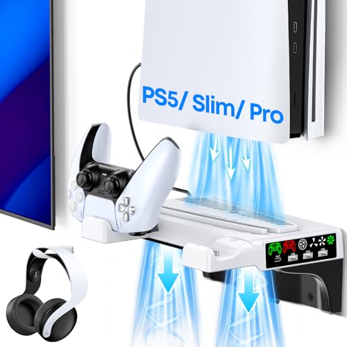 Kosker PS5 Wall Mount Kit with Cooling Fan & Controller Charging Station, PS5 Floating Shelf for PS5/Slim/Pro Disc & Digital Console, Mountable Behind PC Monitor for PS5 Accessories, Sega Genesis Consoles - Image 1