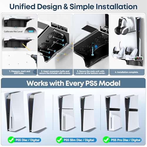 Kosker PS5 Wall Mount Kit with Cooling Fan & Controller Charging Station, PS5 Floating Shelf for PS5/Slim/Pro Disc & Digital Console, Mountable Behind PC Monitor for PS5 Accessories, Sega Genesis Consoles - Image 2