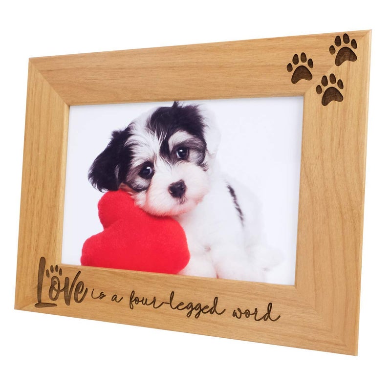Love is a FourLegged Word Wood Engraved Pet Picture Frame  Dog  Cat Mom  Dad Paw Print Memorial Frame  Gift for Pet Lovers 4x6 Horizontal