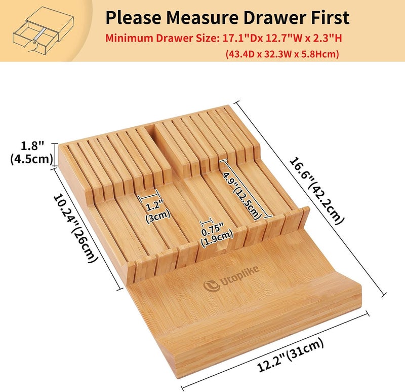Utoplike In-drawer Knife Block Bamboo Kitchen Knives Drawer Organizer - Holds Up to 16 Knives & 1 Sharpening Steel - Image 3