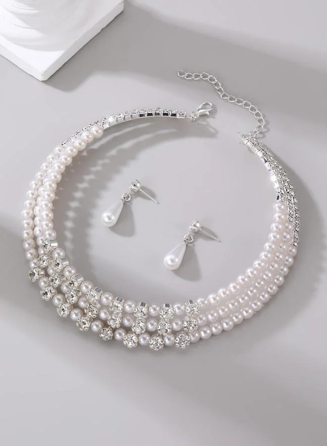 تايك تو مجموعة من 2 - عقد لؤلؤ صناعي مرصع وأقراط