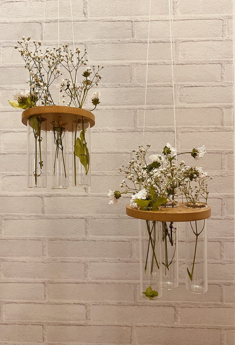 LABZIO Hanging Round Wooden & Glass Flower Vase (X-Small) – Unique Diwali Wall Decor for Home, Festive Floral Display, Pooja Room Accent, Balcony & Living Room Decoration Piece - Image 1