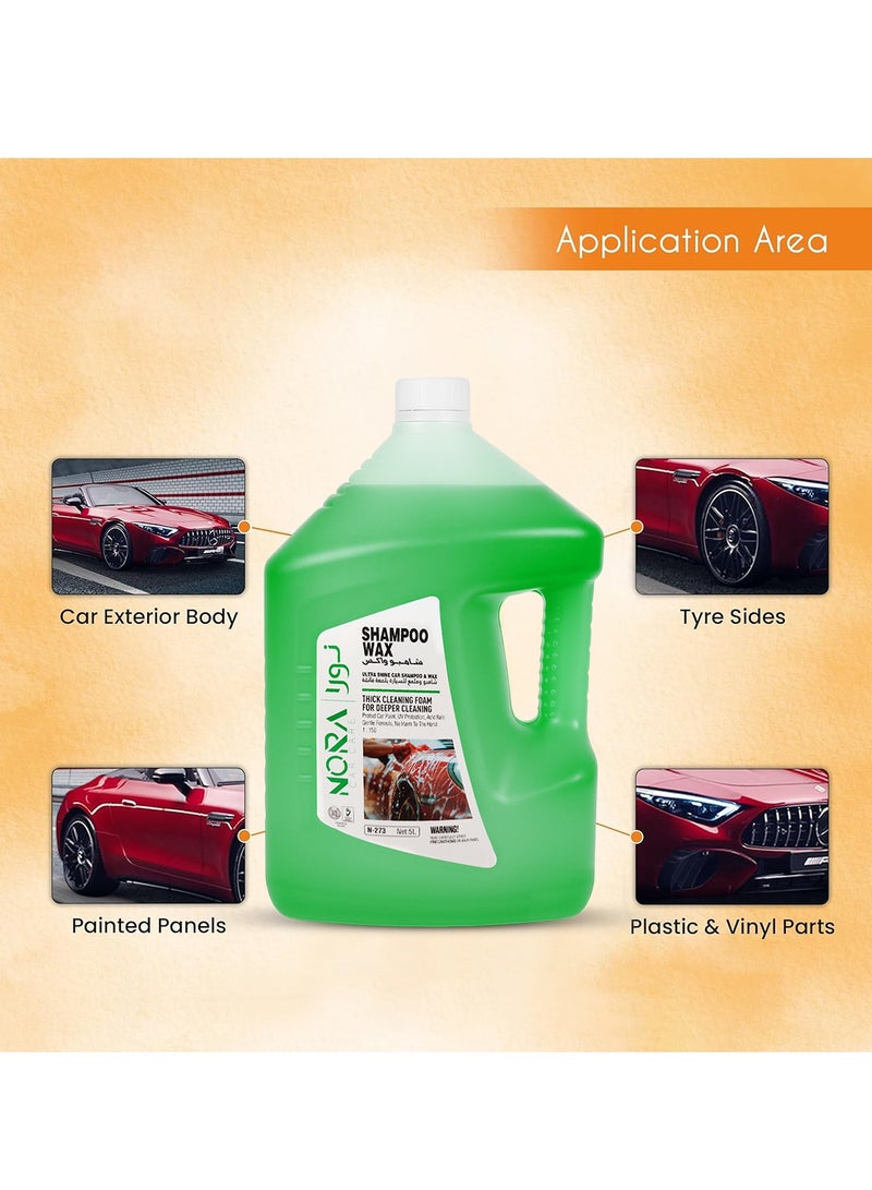 Nora Car Shampoo Wax 5L – Ultra Shine Car Wash Soap with Thick Foaming Formula, pH Balanced, Colour Safe, Boosts Wax Protection, Deep Cleaning for Exterior, Tyres, Plastic & Painted Surfaces N-273 - Image 3