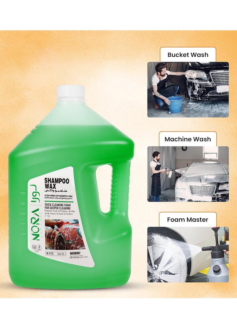 Nora Car Shampoo Wax 5L – Ultra Shine Car Wash Soap with Thick Foaming Formula, pH Balanced, Colour Safe, Boosts Wax Protection, Deep Cleaning for Exterior, Tyres, Plastic & Painted Surfaces N-273 - Image 4