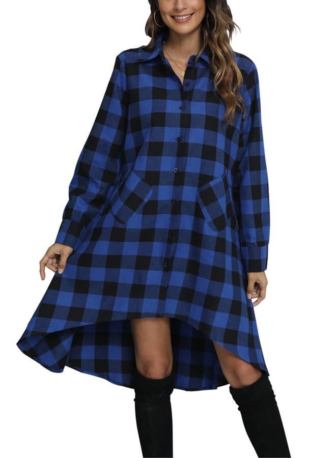 olrain Womens Plaids V Neck Long Sleeve Irregular Hem Casual Shirt Dress Medium Blue, Blue, M - Image 3