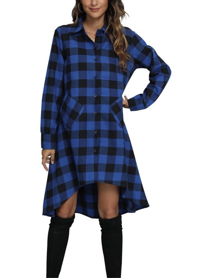 olrain Womens Plaids V Neck Long Sleeve Irregular Hem Casual Shirt Dress Medium Blue, Blue, M - Image 2